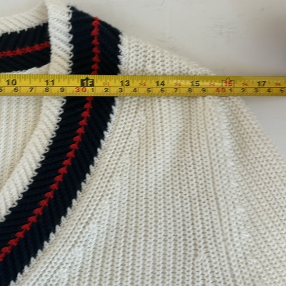 Cabi Ace pullover cream knit vneck sweater bell sleeve red blue stripe side slit - Picture 15 of 16